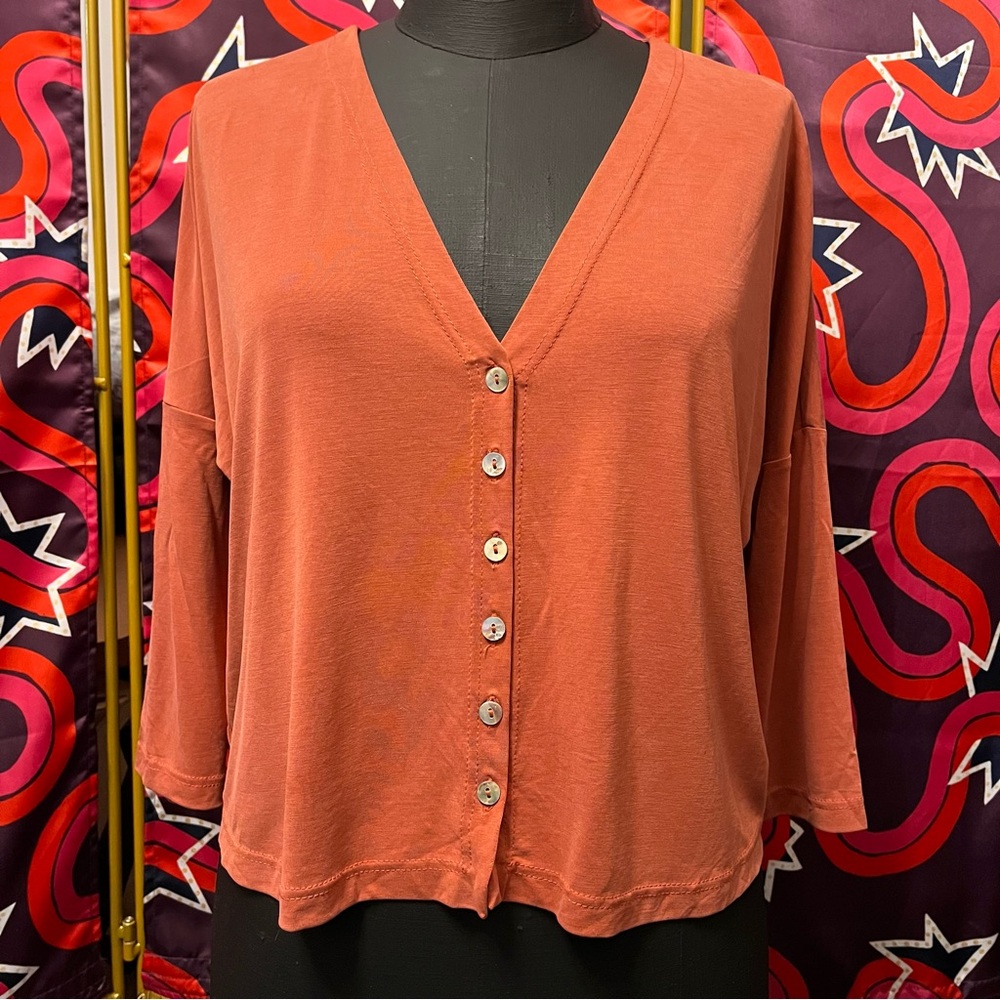 Alembika Drapey Drop Shoulder Button Top Rust Lagenlook Blouse Shirt Israel Pink